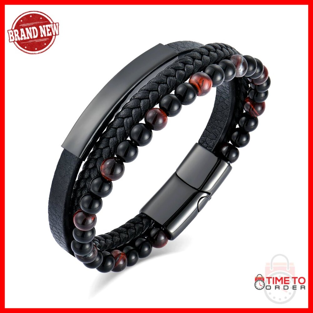 Men's Leather Bracelet With Tiger Eye And Obsidian Stones, Adjustable Buckle